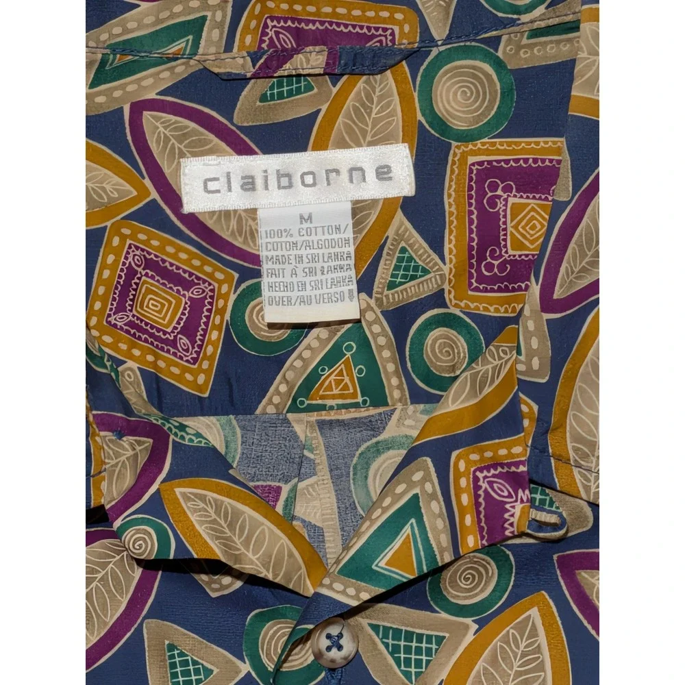 Claiborne Mens Short Sleeve‎ Button Down Shirt Geometric Print Blue Size M